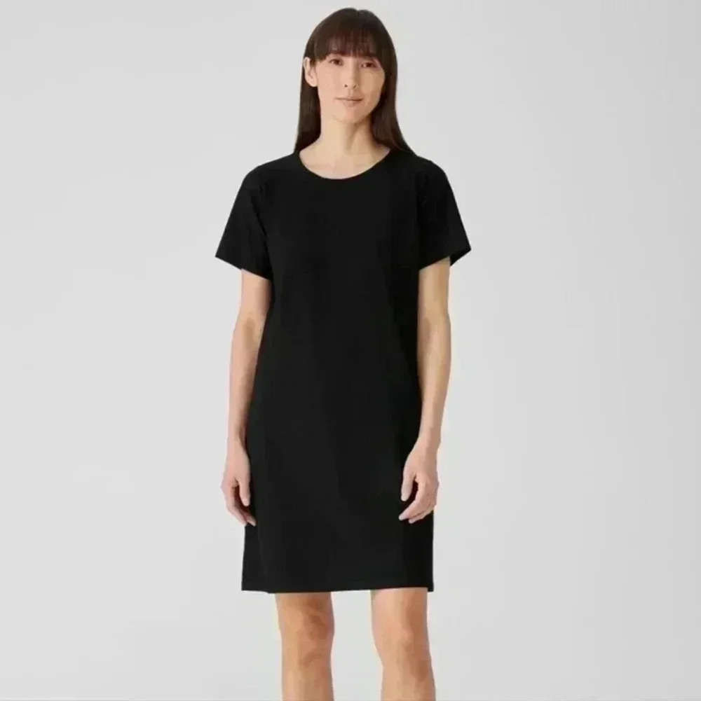 Eileen Fisher Washable Stretch Crepe Jewel Neck Dress Size S Black